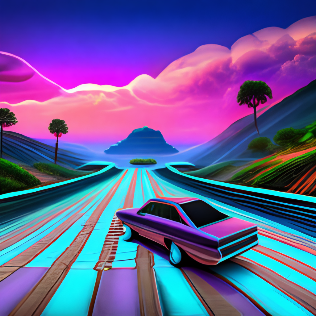 70s car driving down a digital landscape, retrowave, synthwave, 8k”