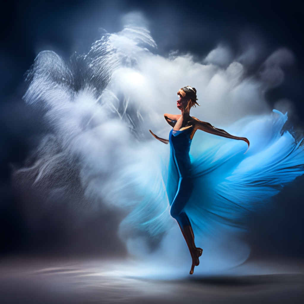 A dancing ballerina in whirling blue smoke