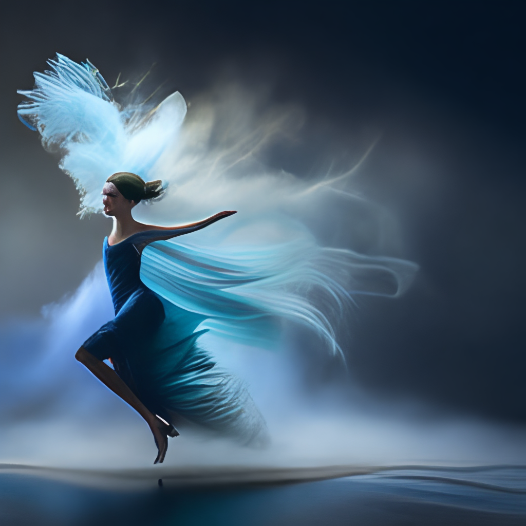 A dancing ballerina in whirling blue smoke