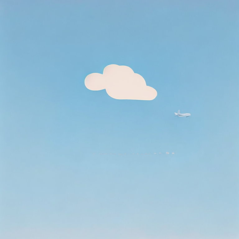 a white cloud on a pastel blue background with a small plane flying through it