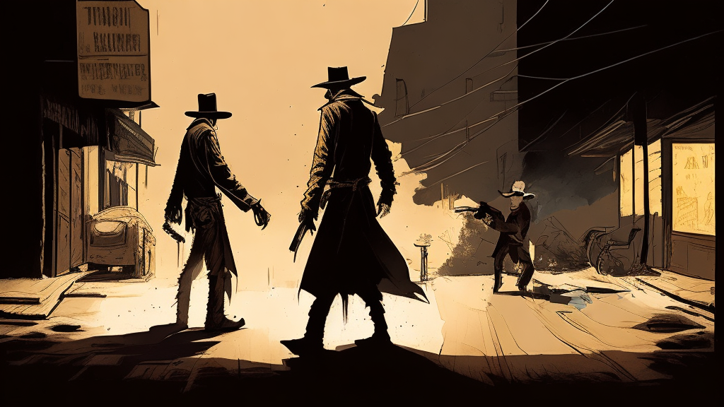 Two cowboys facing each other in a dusty street, guns drawn, ready to shoot, with a dark and gritty atmosphere, in a "A Scanner Darkly" style, with an old wild west town background and no cars