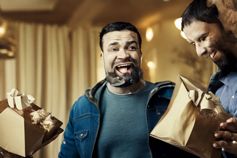 a man with a serious expression giving a gift to his family