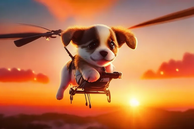 a small black kitten flying next to a small dog with a helicopter backpack