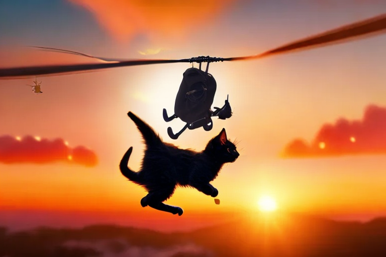 a small black kitten flying next to a small dog with a helicopter backpack, with a larger region that covers the sun and the surrounding area