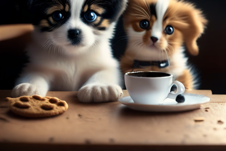 a love-shaped biscuit on top of the coffee on the table with the puppy and kitten, 4k