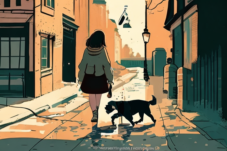 a lofi style image of a lady with a puppy in a rainy day with rain
