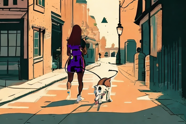 a woman and a dog walking down a street at night with neon lights and a crowd of people