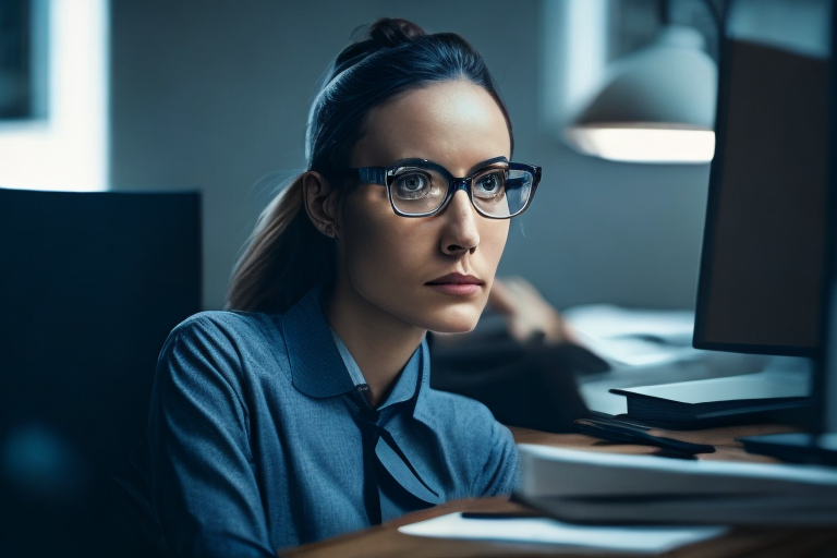 a woman wearing glasses and a navy blue top, sitting at a desk in an office, with a pleasant gaze and shoulders forward, edited to look more professional with glasses added