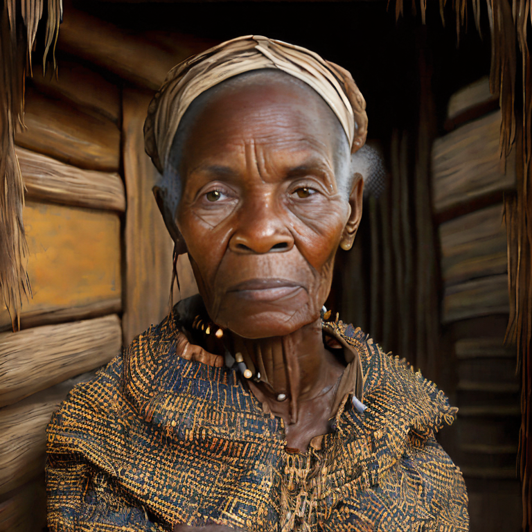 slightly angled shot of a black woman's torso in an African robe standing in front of a thatched hut