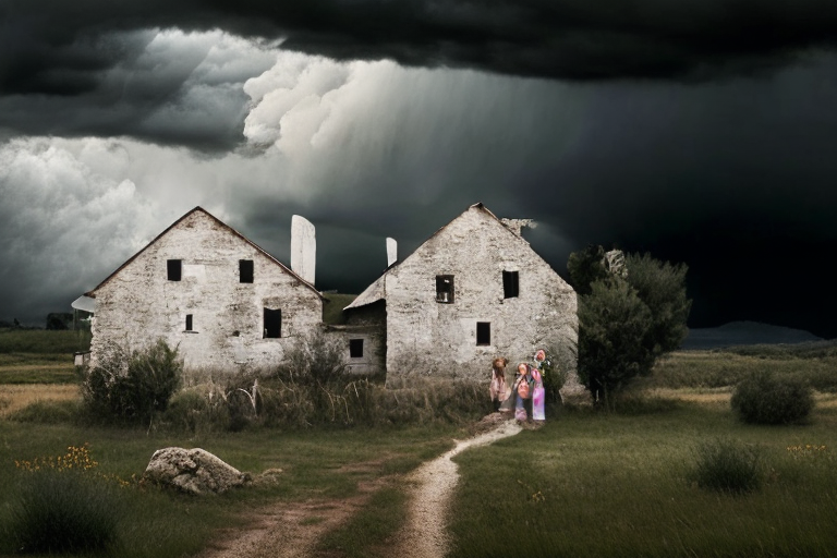 two young girls, one blonde and one brunette, standing in front of the farmhouse in the foreground