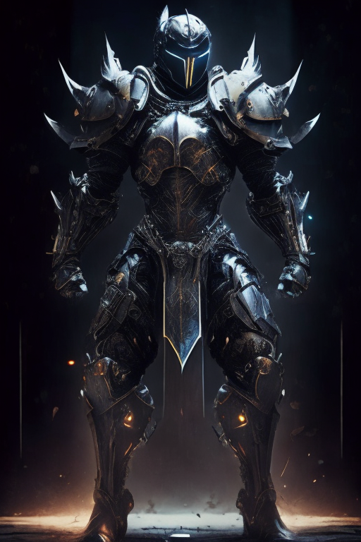 futuristic knight in powered armor standing in a dynamic pose, religious symbols, advanced weapon, worn metal finish, dark gritty background