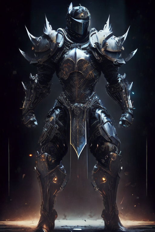 futuristic knight in powered armor standing in a dynamic pose, religious symbols, advanced weapon, worn metal finish, dark gritty background