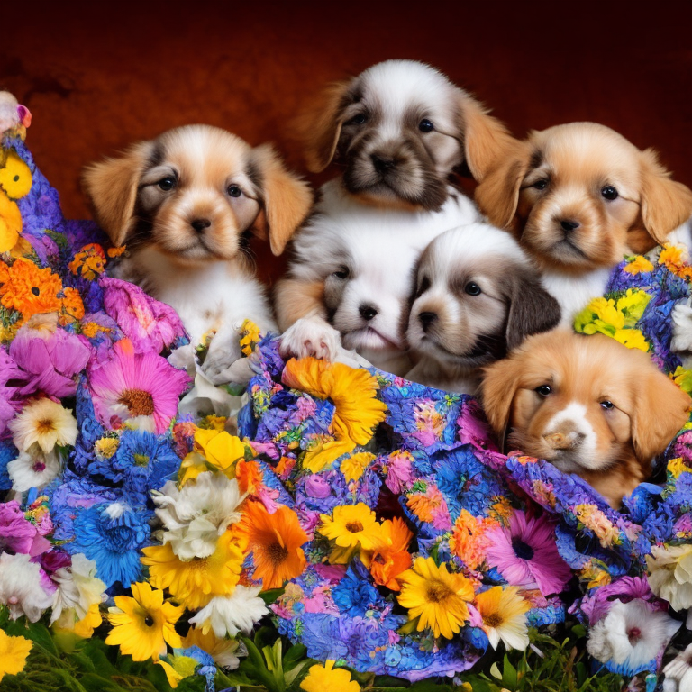 multiple puppies wearing colorful floral clothes