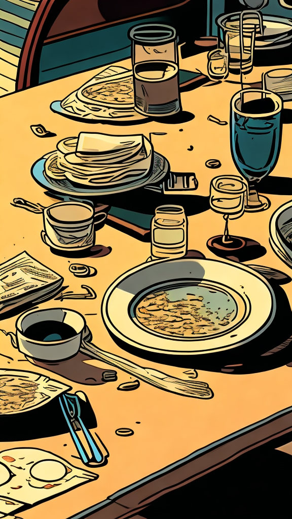 A view of the table and dishes from the perspective of an ant sitting on the countertop, in retro comic style