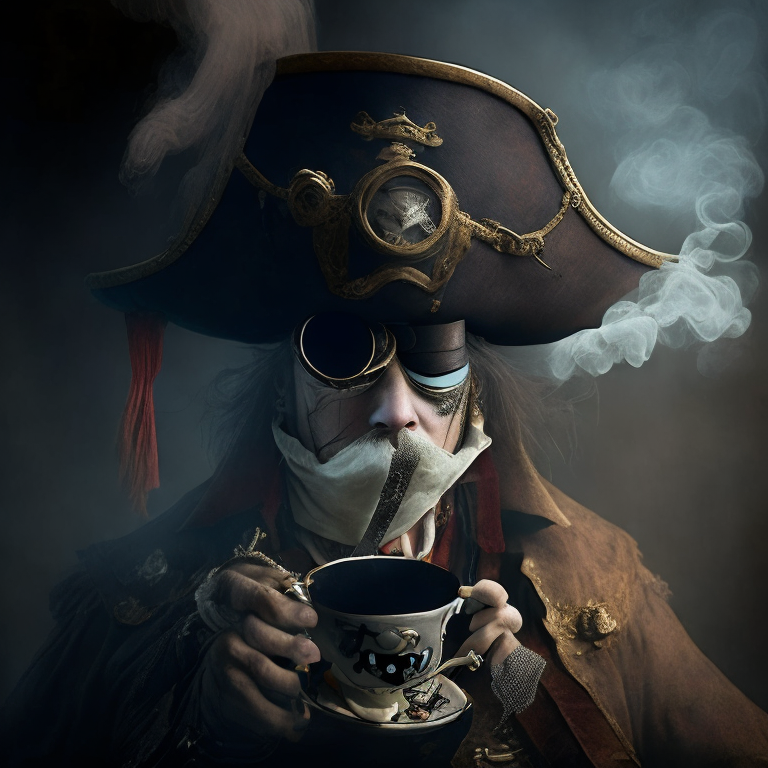 a steaming teacup with a pirate's eyes, nose and mouth drawn on
