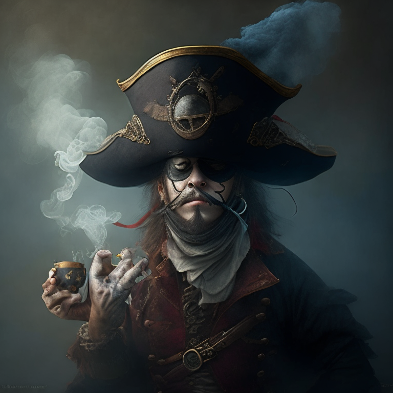 a steaming teacup with a pirate's eyes, nose and mouth drawn on, and polka dots