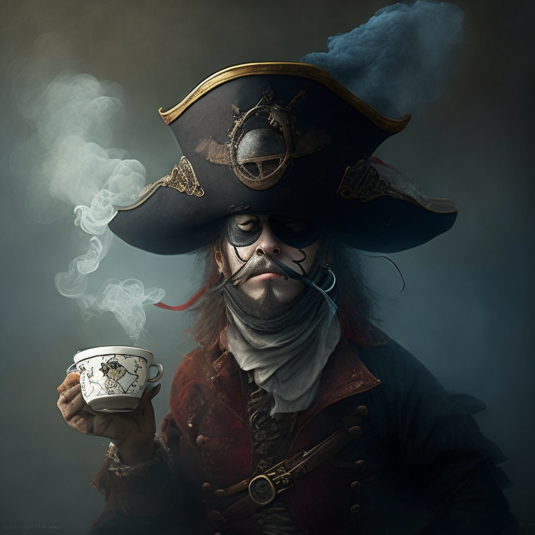 a steaming teacup with a pirate's eyes, nose and mouth drawn on, and a floral pattern