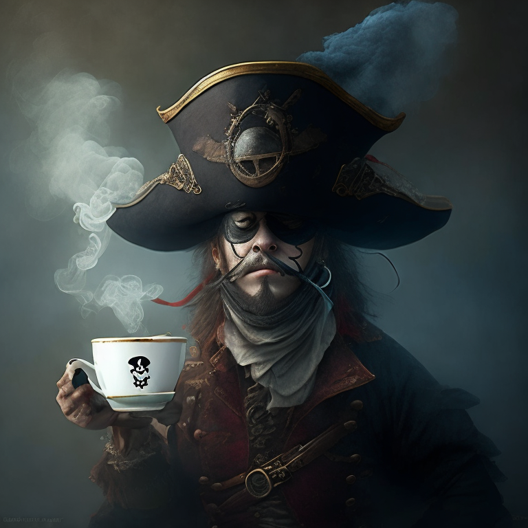 a steaming teacup with a pirate's eyes, nose and mouth drawn on, and stripes