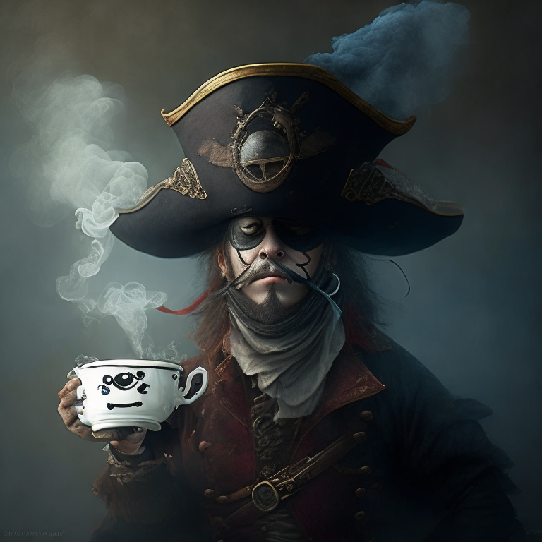 a steaming teacup with a pirate's eyes, nose and mouth drawn on, and swirls