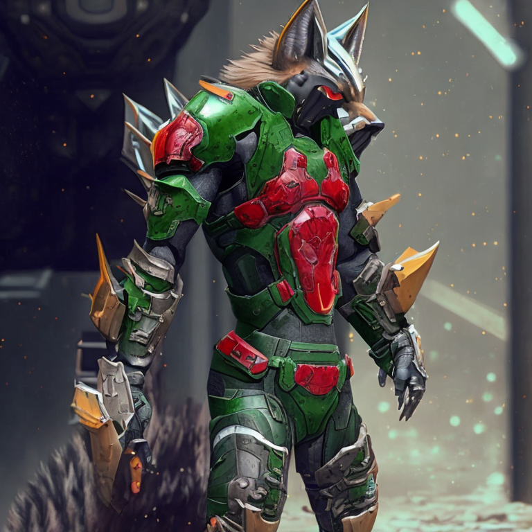 green armor with red accents, similar to Doom Slayer armor