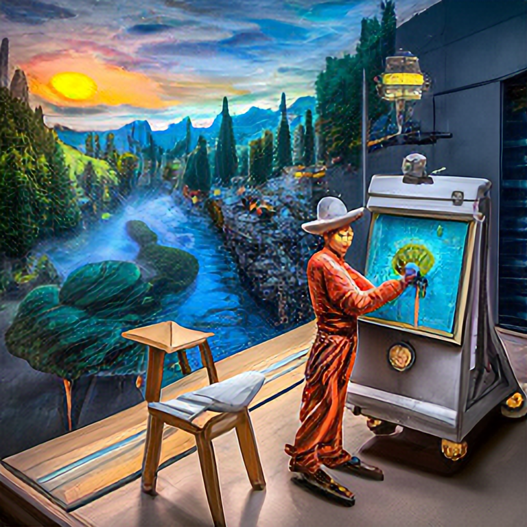 A robot painter by night- a van gogh masterpiece by day. An artist robot holding a paintbrush and painting a van gogh masterpiece
