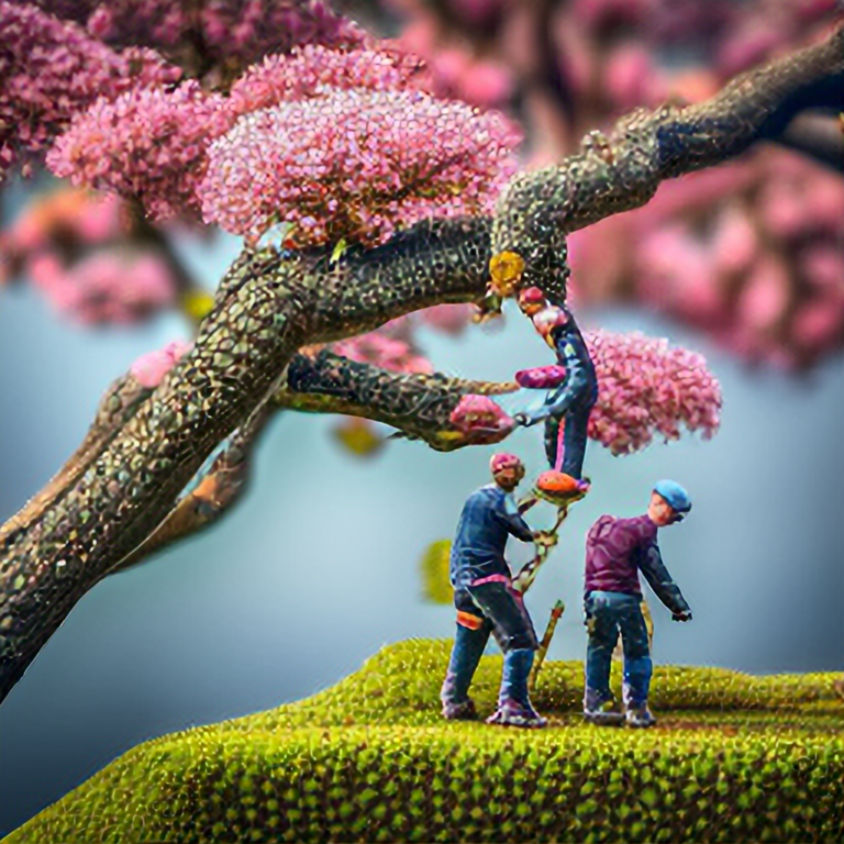 Three very small men climbing a miniature sakura cherry blossom tree, intricate details, hyper realistic, super resolution, 4k