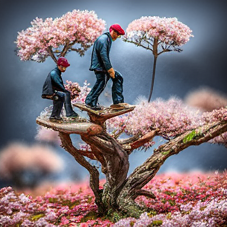 Three very small men climbing a miniature sakura cherry blossom tree, intricate details, hyper realistic, super resolution, 4k