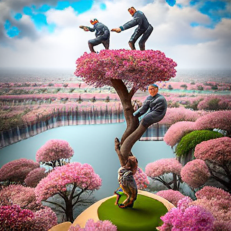 Three very small men climbing a miniature sakura cherry blossom tree, intricate details, hyper realistic, super resolution, 4k