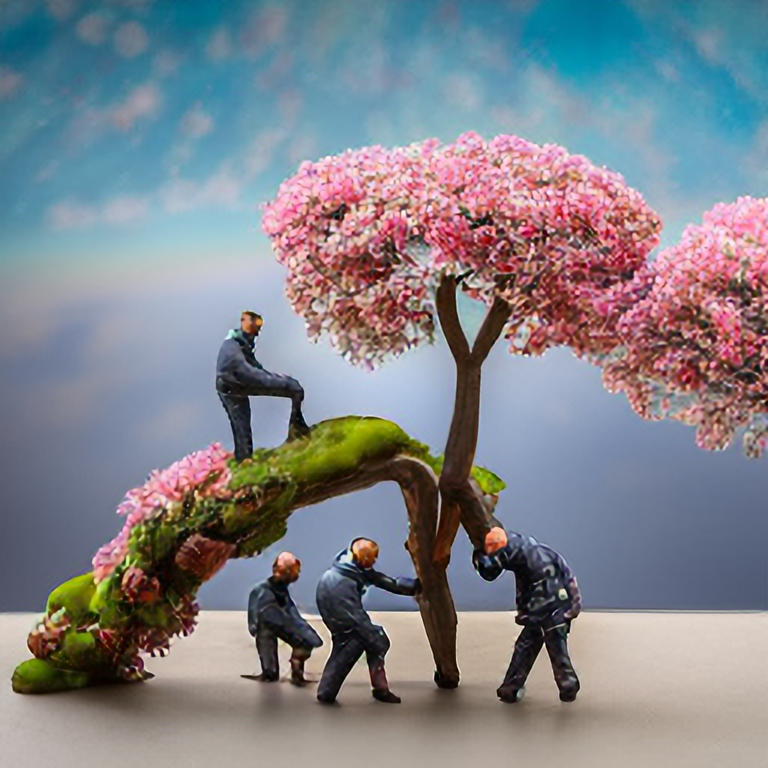Three very small men climbing a miniature sakura cherry blossom tree, intricate details, hyper realistic, super resolution, 4k