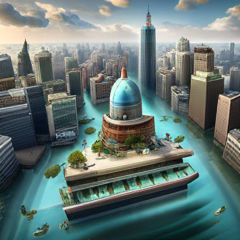 aerial view of a giant fish tank shaped like a tower in the middle of new york city, 8k octane render, photorealistic