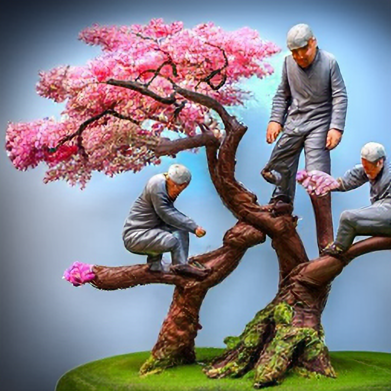 Three very small men climbing a miniature sakura cherry blossom tree, intricate details, hyper realistic, super resolution, 4k