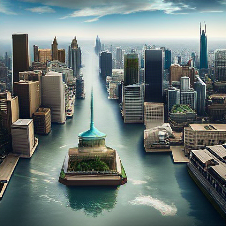 aerial view of a giant fish tank shaped like a tower in the middle of new york city, 8k octane render, photorealistic