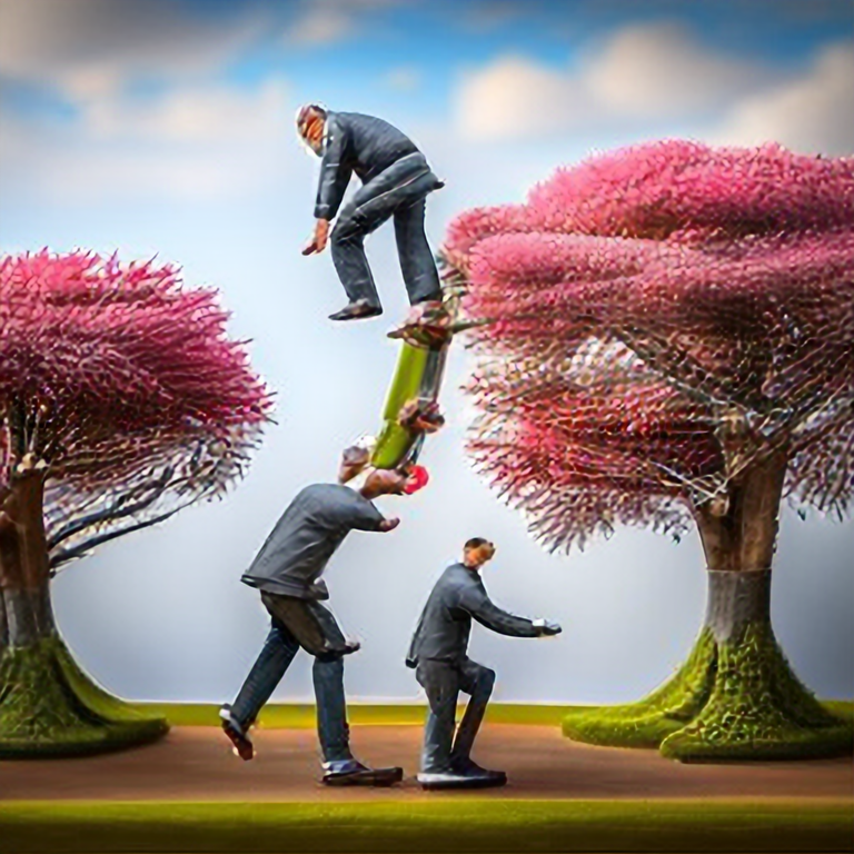 Three very small men climbing a miniature sakura cherry blossom tree, intricate details, hyper realistic, super resolution, 4k