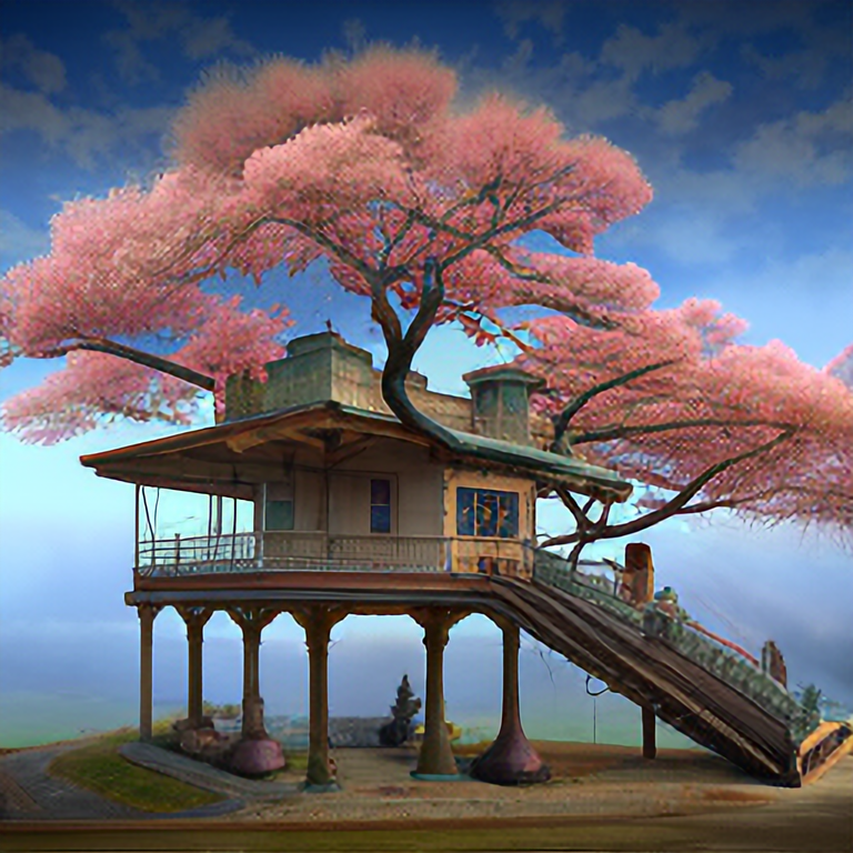 THE CHERRY BLOSSOM TREE HOUSE :: beautiful ornate treehouse in a gigantic pink cherry blossom tree :: on a high blue grey and brown cliff with light snow and pink cherry blossom trees :: Roger Deakins and Moebius and Alphonse Much and Guweiz :: Intricate details, very realistic, cinematic lighting, volumetric lighting, photographic