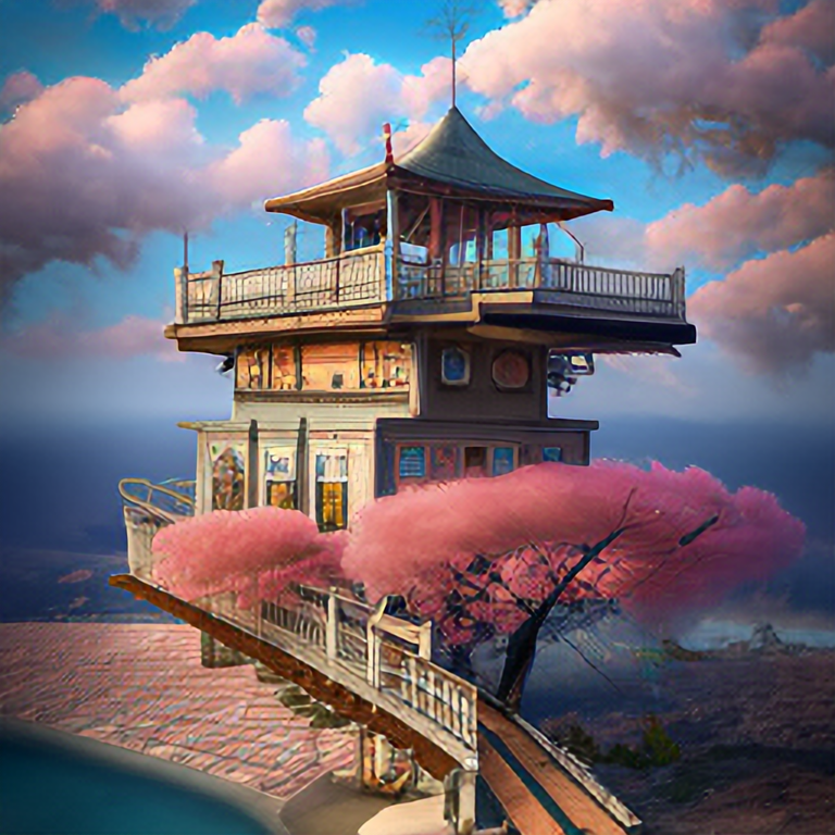 THE CHERRY BLOSSOM TREE HOUSE :: beautiful ornate treehouse in a gigantic pink cherry blossom tree :: on a high blue grey and brown cliff with light snow and pink cherry blossom trees :: Roger Deakins and Moebius and Alphonse Much and Guweiz :: Intricate details, very realistic, cinematic lighting, volumetric lighting, photographic