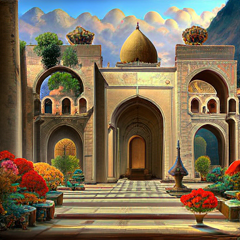 architecture, monastery, vibrant flowers. Indian Persian architecture, by Jean Leon Gerome, Asher Brown Durand