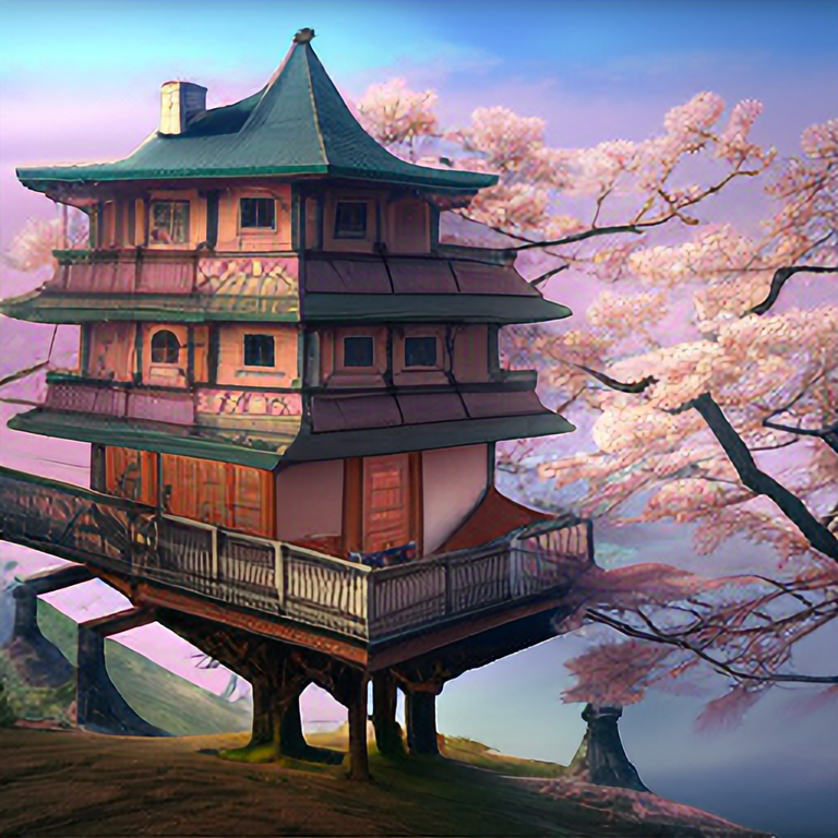 THE CHERRY BLOSSOM TREE HOUSE :: beautiful ornate treehouse in a gigantic pink cherry blossom tree :: on a high blue grey and brown cliff with light snow and pink cherry blossom trees :: Roger Deakins and Moebius and Alphonse Much and Guweiz :: Intricate details, very realistic, cinematic lighting, volumetric lighting, photographic