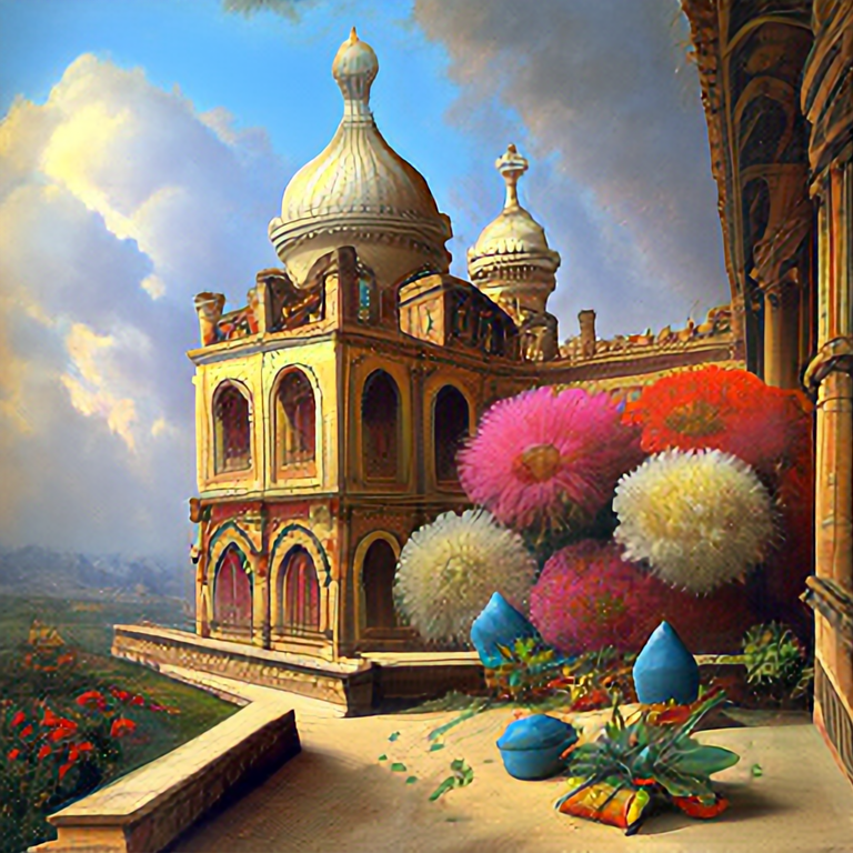 architecture, monastery, vibrant flowers. Indian Persian architecture, by Jean Leon Gerome, Asher Brown Durand