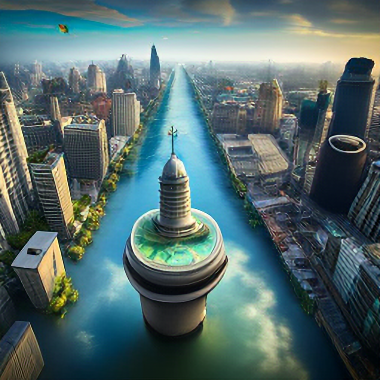 aerial view of a giant fish tank shaped like a tower in the middle of new york city, 8k octane render, photorealistic