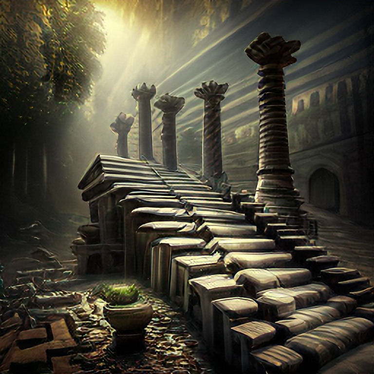 temple in ruines, forest, stairs, columns, cinematic, detailed, atmospheric, epic, concept art, Matte painting, background, mist, photo-realistic, concept art, volumetric light, cinematic epic rule of thirds octane render, 8k, corona render, movie concept art, octane render, cinematic, trending on artstation, movie concept art, cinematic composition , ultra-detailed, realistic , hyper-realistic , volumetric lighting, 8k