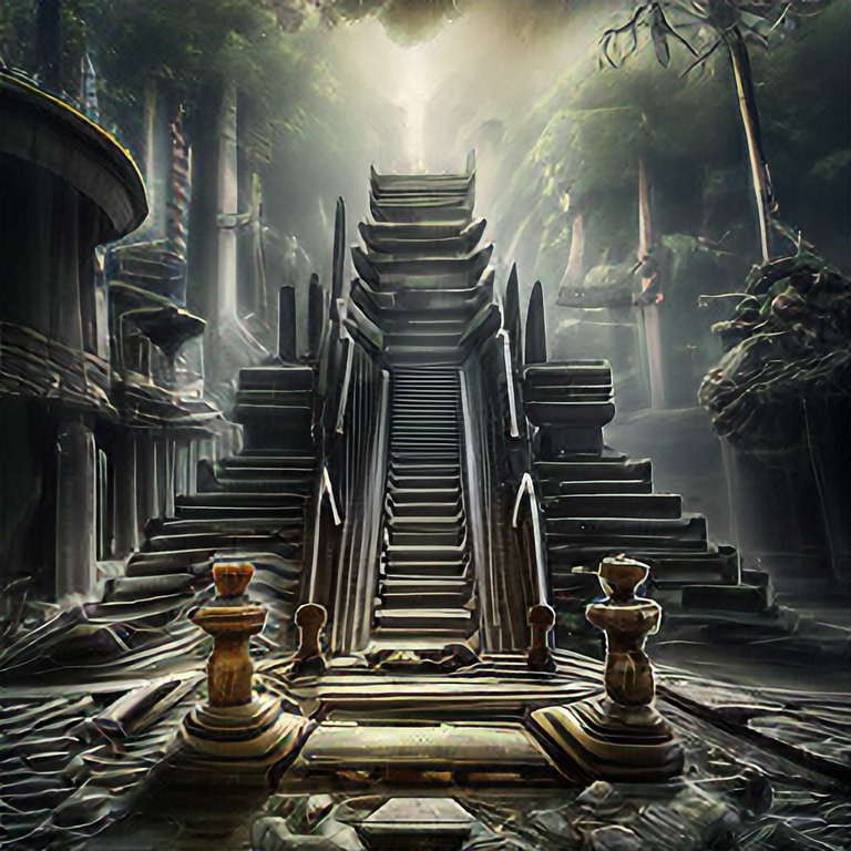 temple in ruines, forest, stairs, columns, cinematic, detailed, atmospheric, epic, concept art, Matte painting, background, mist, photo-realistic, concept art, volumetric light, cinematic epic rule of thirds octane render, 8k, corona render, movie concept art, octane render, cinematic, trending on artstation, movie concept art, cinematic composition , ultra-detailed, realistic , hyper-realistic , volumetric lighting, 8k