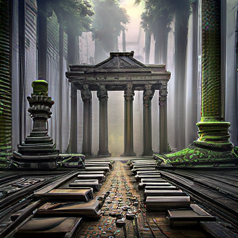 temple in ruines, forest, stairs, columns, cinematic, detailed, atmospheric, epic, concept art, Matte painting, background, mist, photo-realistic, concept art, volumetric light, cinematic epic rule of thirds octane render, 8k, corona render, movie concept art, octane render, cinematic, trending on artstation, movie concept art, cinematic composition , ultra-detailed, realistic , hyper-realistic , volumetric lighting, 8k