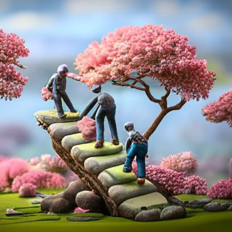 Three very small men climbing a miniature sakura cherry blossom tree, intricate details, hyper realistic, super resolution, 4k