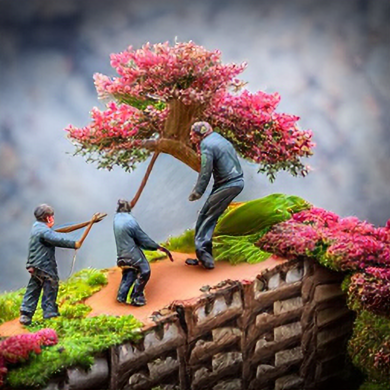 Three very small men climbing a miniature sakura cherry blossom tree, intricate details, hyper realistic, super resolution, 4k