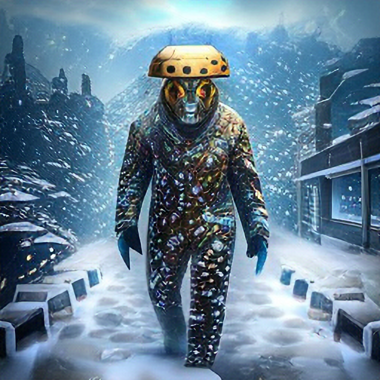 shining leopard wearing a cyborg helmet, walking in snow, digital art
