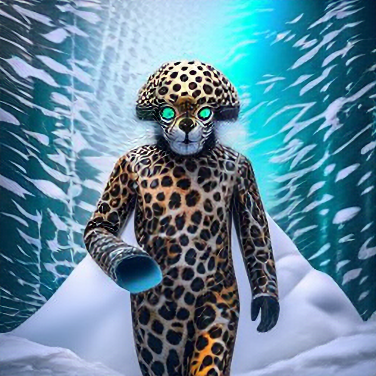 shining leopard wearing a cyborg helmet, walking in snow, digital art
