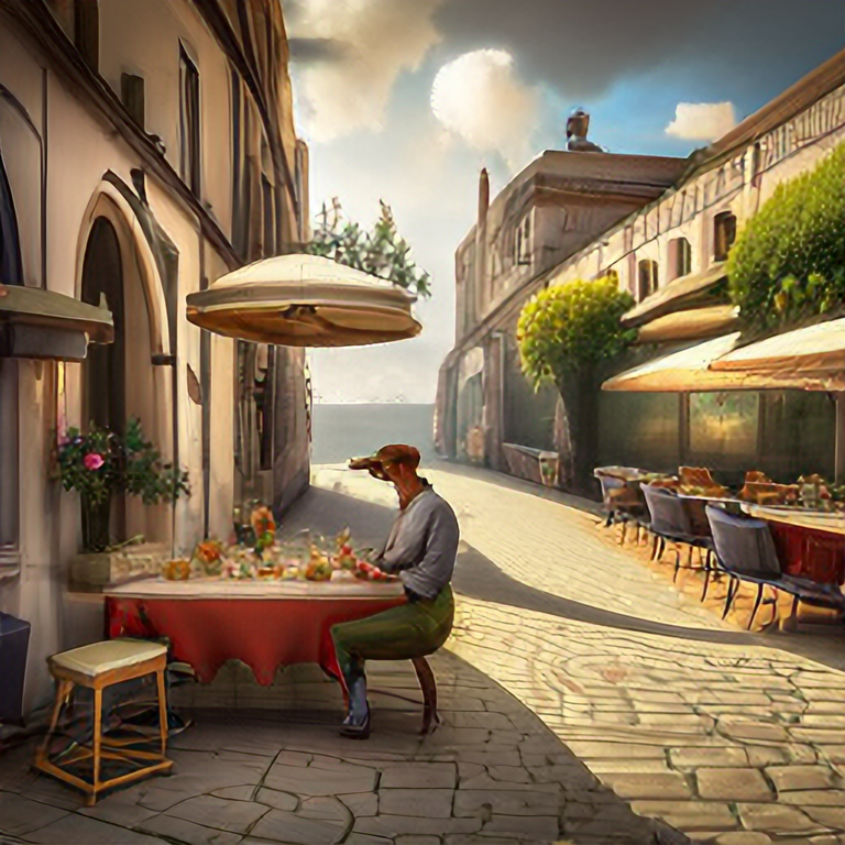 A traditional pizzeria in the street of a small village on the Riviera. A terrace in the shade of a hundred-year-old olive tree, a friendly atmosphere around pizzas and rosé wine. "Dolce Vita". Unreal engine rendering, hyper realist, ultra detailed, oil painting, warm colors, happy, impressionism, Da Vinci