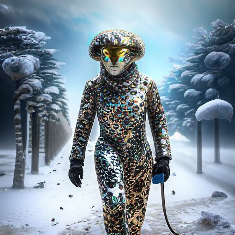 shining leopard wearing a cyborg helmet, walking in snow, digital art