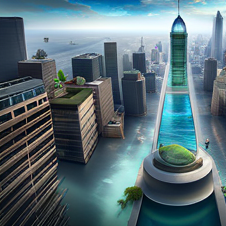 aerial view of a giant fish tank shaped like a tower in the middle of new york city, 8k octane render, photorealistic
