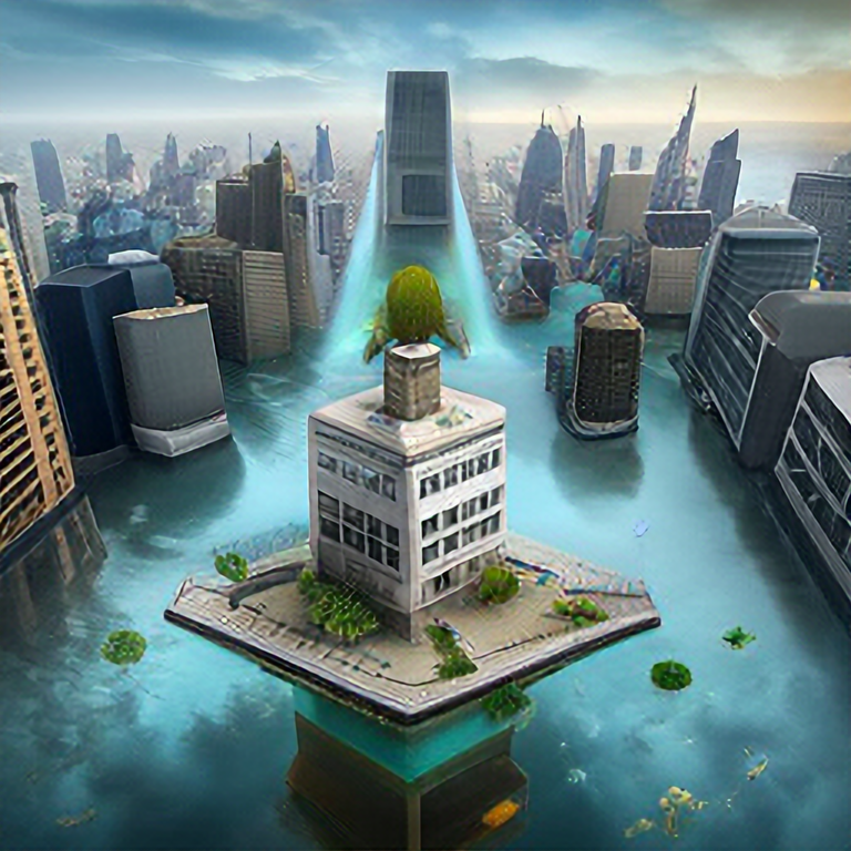 aerial view of a giant fish tank shaped like a tower in the middle of new york city, 8k octane render, photorealistic